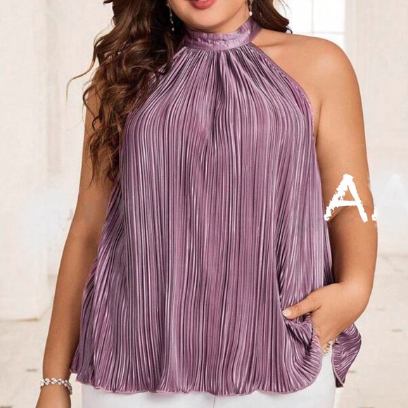 Luxe Elegant Pleated Halter Neck Tank Top Blouse Shirt - Picture 2 of 3